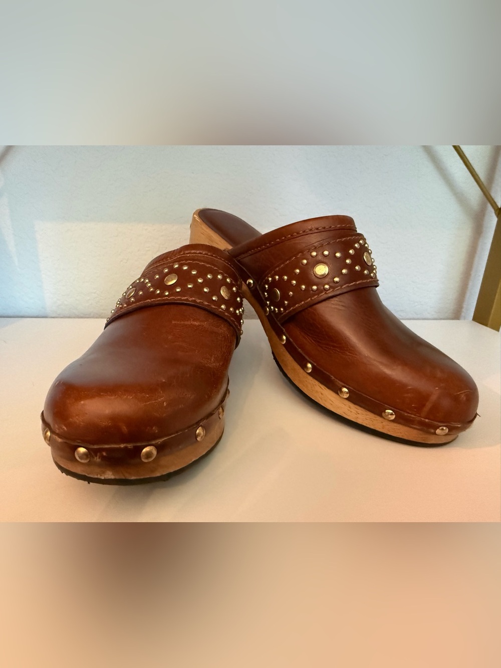 Michael Kors Studded Brown Leather Wooden Clogs 5.5